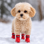 Snowy puppy in red ZippyPaws dog boots