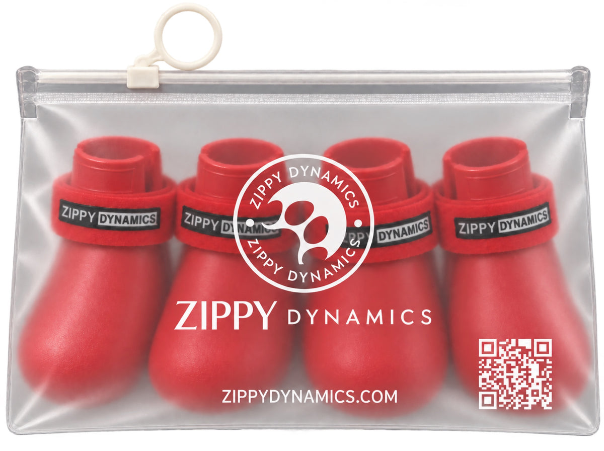 ZippyPaws dog boots in their frosted travel pouch
