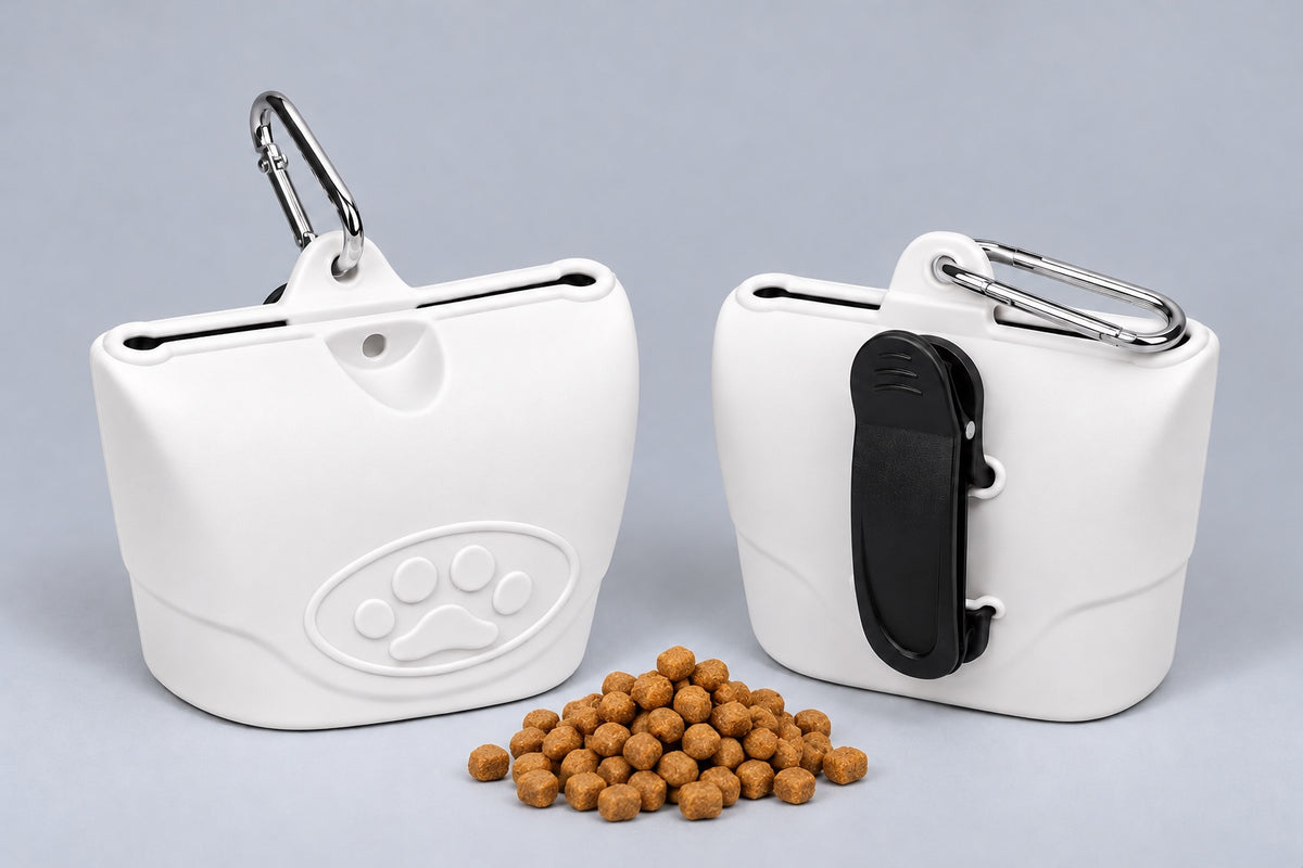 ZippyTreat™ silicone dog treat pouch with metal carabiner and waist clip, front and back
