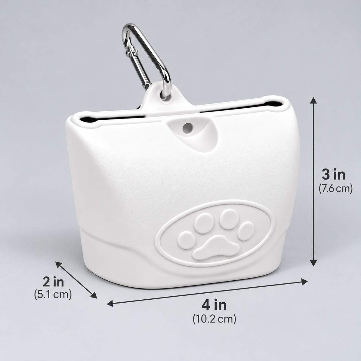 ZippyTreat™ dog treat pouch dimensions: 4 in wide, 2 in deep, 3 in tall